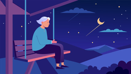 Naklejka premium A senior citizen sitting on a porch swing gazing up at the stars and reminiscing on their life experiences finding comfort and reassurance in the continuity of the night sky.. Vector illustration