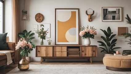 Modern living room with stylish decor and natural elements showcasing vase flowers and contemporary art