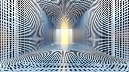 Abstract Metallic Corridor With Dotted Walls And Glowing End