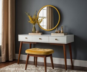 A modern white vanity table with a yellow framed mirror