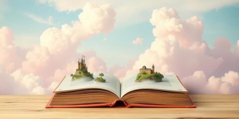  A dreamy vintage book cover with whimsical floating islands and pastel clouds in a fairy tale inspired sky.