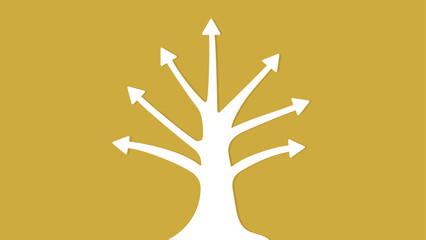 Illustration of a white tree with branches ending in arrows, symbolizing growth, direction, and different choices.