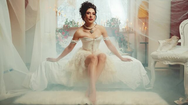 sexy fairy tale girl princess fashion model sitting posing on bed beauty face eyes lips looking at camera with love. elegant noble lady. Fantasy woman queen, white room Victorian old style dress 4k