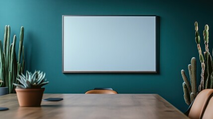 Blank whiteboard meeting room teal wall plants