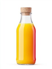 Glass Bottle of Orange Juice with Cork Stopper on White Background