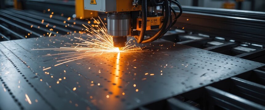 The fiber laser cutting machine slices through the metal plate with sparkling light. A high-tech process for sheet metal manufacturing using a laser cutting machine.