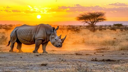Fototapeta premium Twilight safari adventure rhinoceros in the serengeti wildlife photography nature's beauty captivating scene