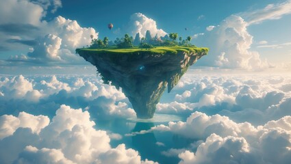 The Floating Island in the Cloud Sea forms part of a beautiful and fascinating ecosystem. Illustrations from video games in a realistic cartoon style and featuring digital CG graphics background.