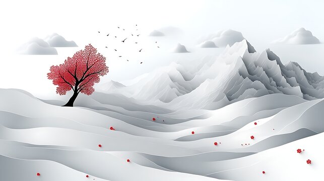 A red tree and mountain landscape in a minimalist design