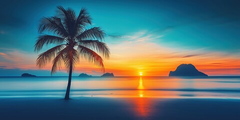 Vibrant sunset illuminates quiet beach with palm tree and distant islands in tranquil waters