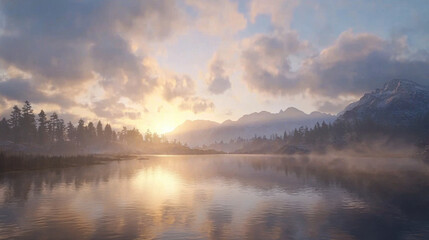 Fototapeta premium Sunrise reflections over a serene lake majestic mountains nature scene tranquil environment scenic viewpoint