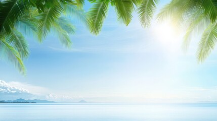 Fototapeta premium Tropical paradise, idyllic beach with palm trees and golden sunshine sunkissed