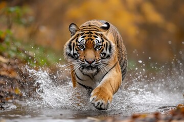 Powerful Siberian Tiger Charging Through Water, Face-to-Face Encounter / Close-Up of a Fierce Siberian Tiger / Fearless Siberian Tiger Sprinting in Water, Intense Eye Contact / Fearless Tiger.