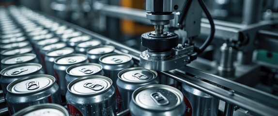 Fototapeta premium The procedure of sealing beer cans on the conveyor. An automated machine places the lids on the cans.