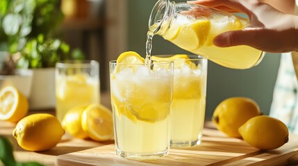 A person pouring a glass of homemade lemonade