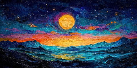 Vibrant sunset over a serene ocean creates a stunning natural landscape with vivid colors and dynamic brush strokes