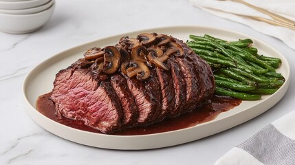 Slow roasted top round beef with rich mushroom sauce