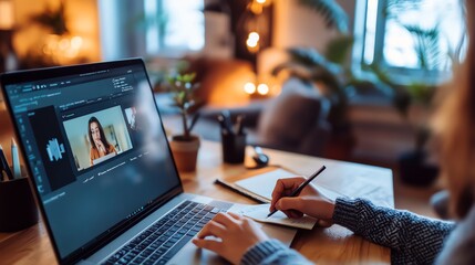 A person taking notes during a virtual meeting