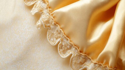 Elegant golden satin and lace material arranged as a close up