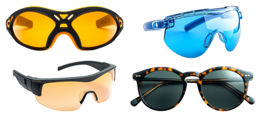 Set of stylish sunglasses in various designs and colors, isolated on transparent background, Cutout PNG