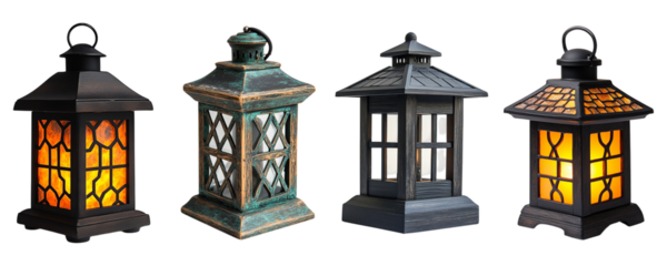 Set of decorative lanterns featuring various designs and colors isolated on transparent background, Cutout PNG