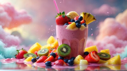 Naklejka premium Strawberry and banana smoothie with assorted fruit.