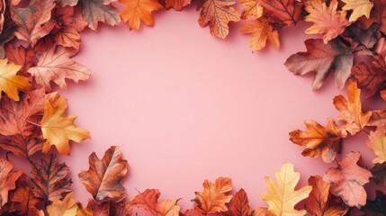 Orange and Yellow Autumn Leaves Frame on Pink Background