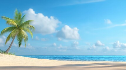 Fototapeta premium Scenic beach paradise, palm tree on sandy shore under blue sky tropical