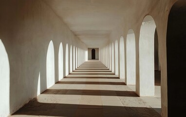 Obraz premium White concrete hallway with arches and long shadows stretching towards a distant doorway in sunlight