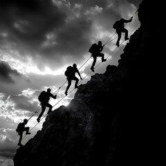 Silhouetted climbers ascending a steep rock face.