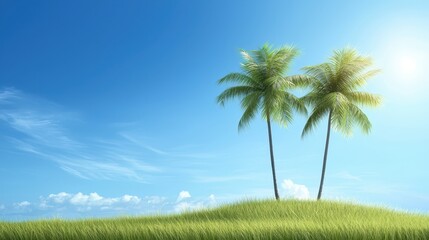 Obraz premium Two palm trees on grassy hill, serene tropical paradise landscape two