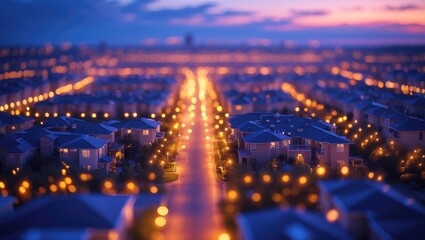 Fototapeta premium High angle background view with evening light secrets, blurring night lights, illustrating distribution of condominiums and dense housing in the community.