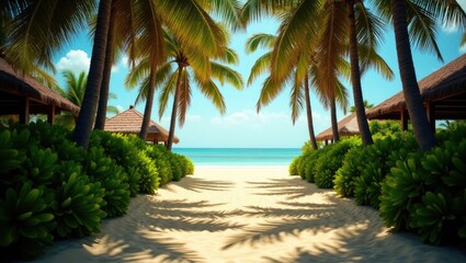 Fototapeta premium Way through sandy beach beneath palm trees at tropical coastline, vintage toned and styled like film to create ambiance.