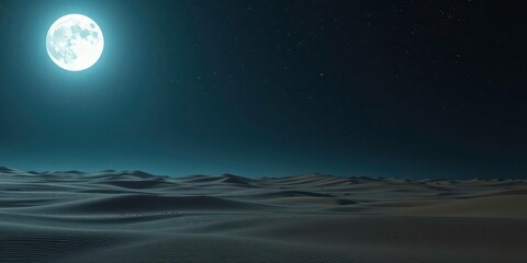  A vast desert landscape illuminated by the full moon, with a starry sky and rolling sand dunes creating a haunting atmosphere.