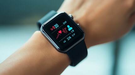 A smartwatch displaying heart rate during a workout