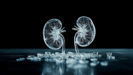 Glass kidneys with internal structure on a dark surface, symbolizing kidney health for World Kidney Day.