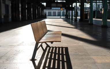 Empty Wooden Bench in Sunlit Train Station Waiting Area