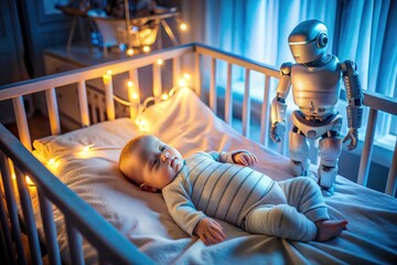 Robotic Guardian, Infant, Futuristic Nursery, AI Art, High-Tech Cradle, Rule of Thirds Composition
