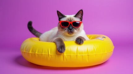 Cool Siamese cat relaxing in yellow pool float against purple background