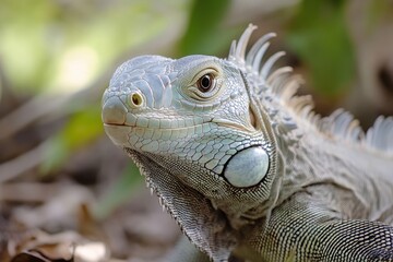 Fototapeta premium Vibrant Green Iguana Closeup in Stunning Detail / Reptile Beauty: Closeup of a Young Green Iguana / iguana on a tree