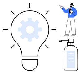 Light bulb with gear signifies ideas and innovation, man in formal attire points with focus, sanitizer evokes hygiene. Ideal for teamwork, creativity, leadership, guidance, health, innovation