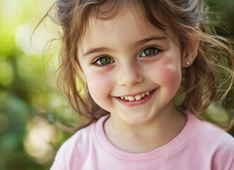 Close-up portrait of a happy little girl with sparkling green eyes, showcasing pure childhood joy. Sunlight highlights her soft curls and rosy cheeks in a natural setting.
