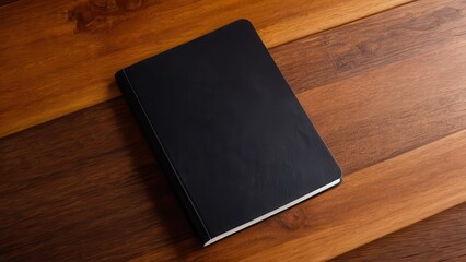 Fototapeta premium Black notebook mockup on a wooden table, perfect for design and branding projects.