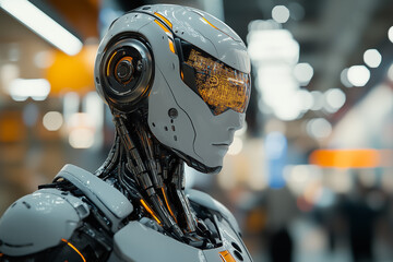 Fototapeta premium Close Up Of A Gray And Orange Futuristic Robot Head