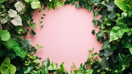 Fototapeta premium Green Leaves Frame on Pink Background