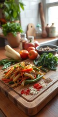  Comforting Stir Fry of Vegetables on Wooden Cutting Board Surrounded by Fresh Ingredients in Cozy Kitchen
