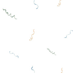 Seamless pattern with colorful ribbons for birthday gifts. Hand drawn watercolor confetti, serpentine isolated on white background. For party decoration, template, print, banners, design