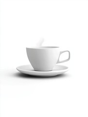 Obraz premium Hot beverage in white cup, saucer, studio, minimal background; website, menu