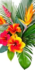 Naklejka premium An exotic and colorful tropical flower bouquet featuring hibiscus, birds of paradise, and lush palm leaves for a vibrant and