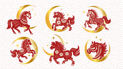 Celestial Magic Chinese Horse Moon Set Lunar New Year 2026 Vector Illustration Collection Traditional Horse Zodiac Silhouette